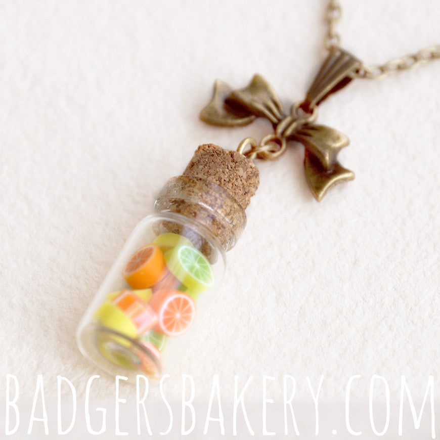 Miniature HARD CANDY BOTTLE Necklace CITRUS fruit Tiny Glass Bottle Corked Jar