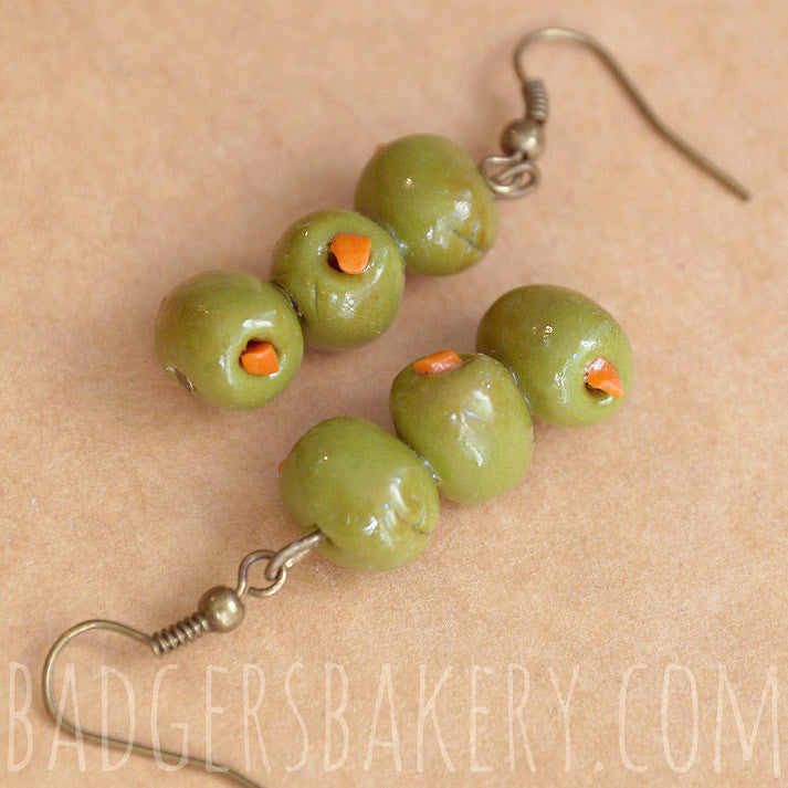 Martini Olive Earrings, Quirky Food Jewelry, Green Olives