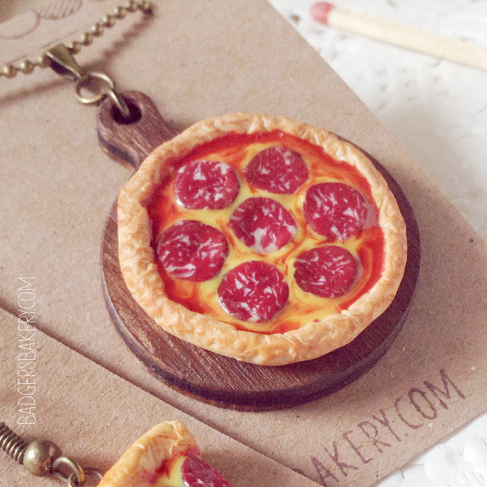 Miniature PIZZA on Peel Necklace Food Jewelry Whole Pepperoni Pizza Custom Toppings