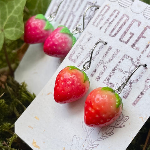 Pink or Red STRAWBERRY Earrings, Cute Fruit Jewellery