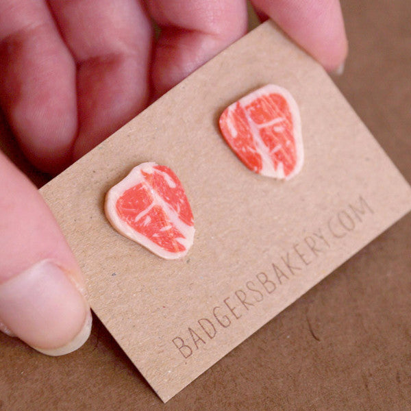 STEAK STUDS, Raw Rib Eye Miniature Steak Earrings Badger's Bakery